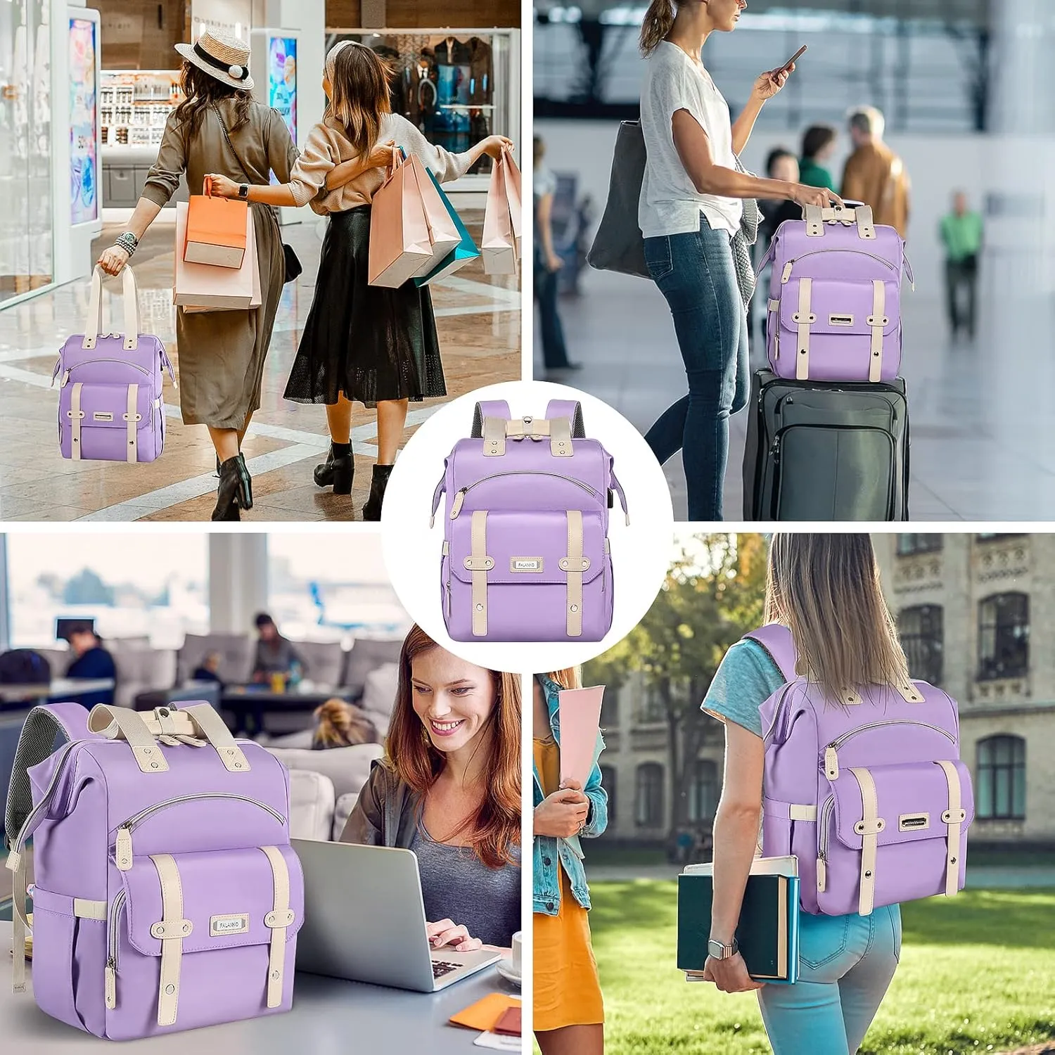 FALANKO Laptop Backpack for Women, Anti Theft Backpacks with USB Charging Port RFID Anti Theft Water Resistant,Wide Top Open Work Teacher College Travel Computer Bag for Woman Fits 15.6 Inch Purple