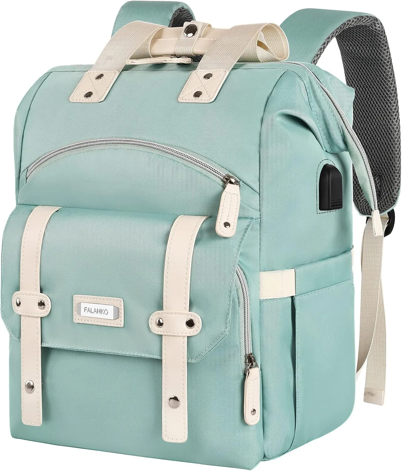 FALANKO Laptop Backpack for Women, Doctor Teacher Nurse Work Bookbag for 17.3 Inch Laptop, Large Travel Wide Open College Shoulder Purse Bag With RFID Anti Theft USB Charging Port-Green
