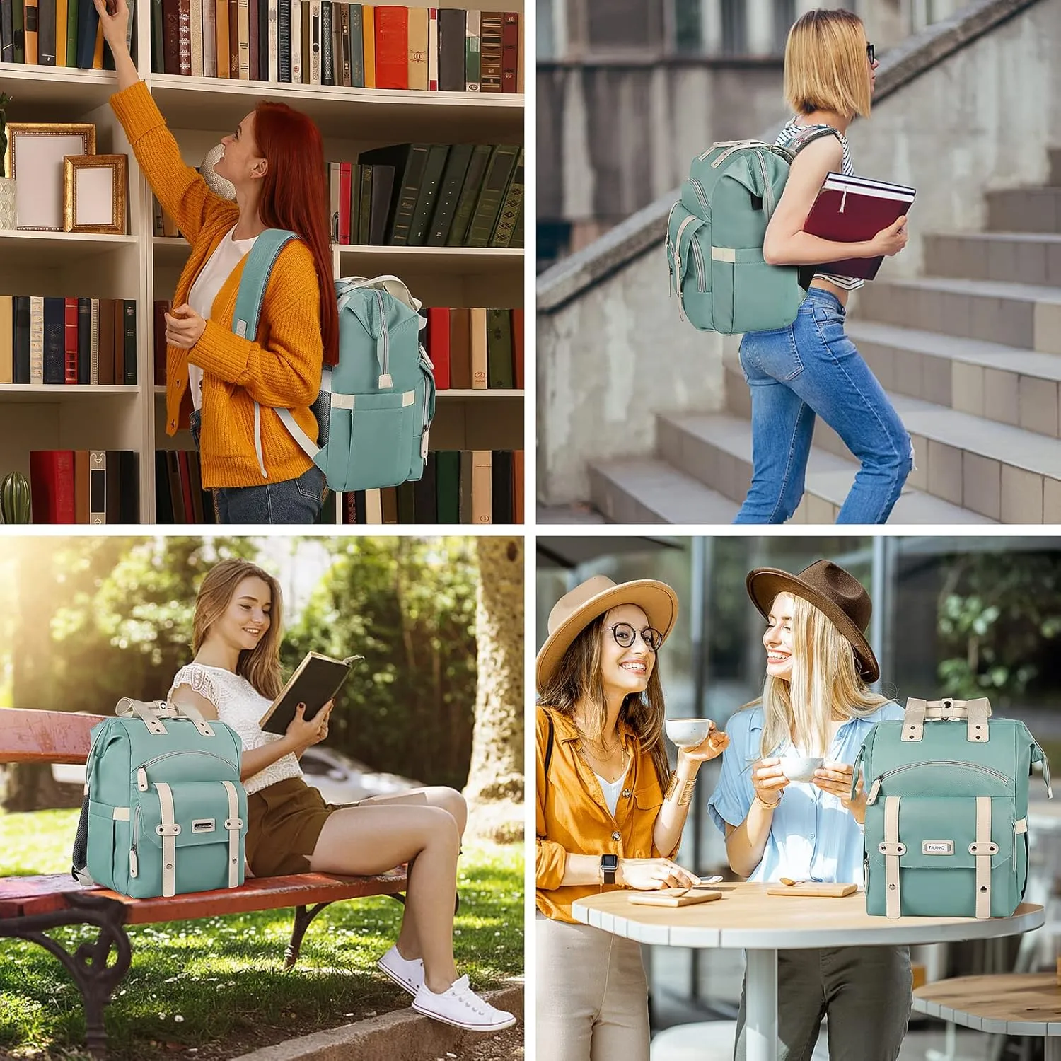 FALANKO Laptop Backpack for Women, Doctor Teacher Nurse Work Bookbag for 17.3 Inch Laptop, Large Travel Wide Open College Shoulder Purse Bag With RFID Anti Theft USB Charging Port-Green