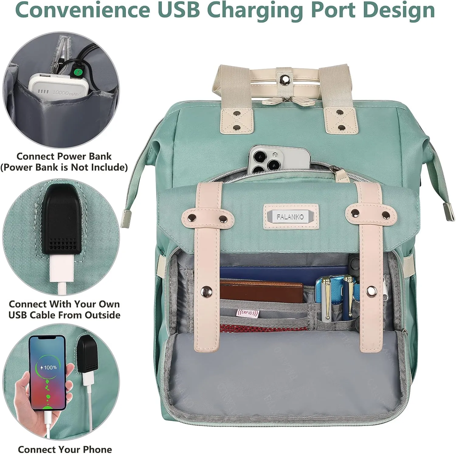 FALANKO Laptop Backpack for Women, Doctor Teacher Nurse Work Bookbag for 17.3 Inch Laptop, Large Travel Wide Open College Shoulder Purse Bag With RFID Anti Theft USB Charging Port-Green