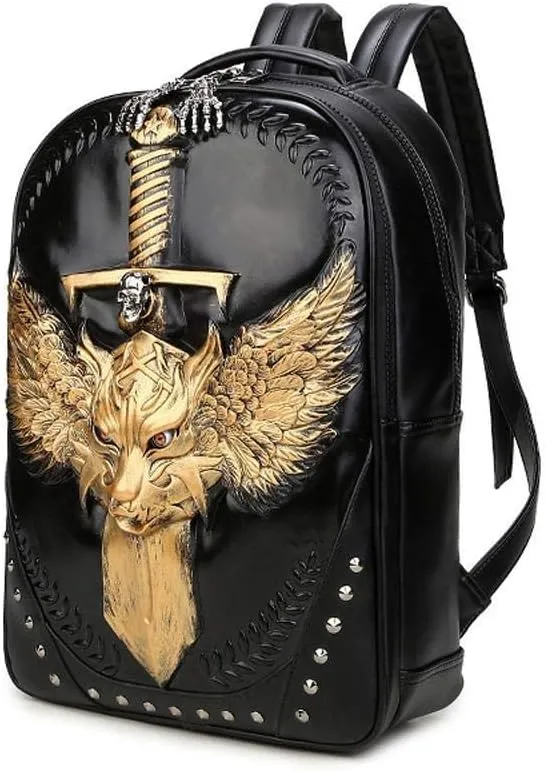 Fashion Punk Rivets Backpack 3D Wing Wolf - Warrior Cartoon School Handbags Knapsack For Teenager