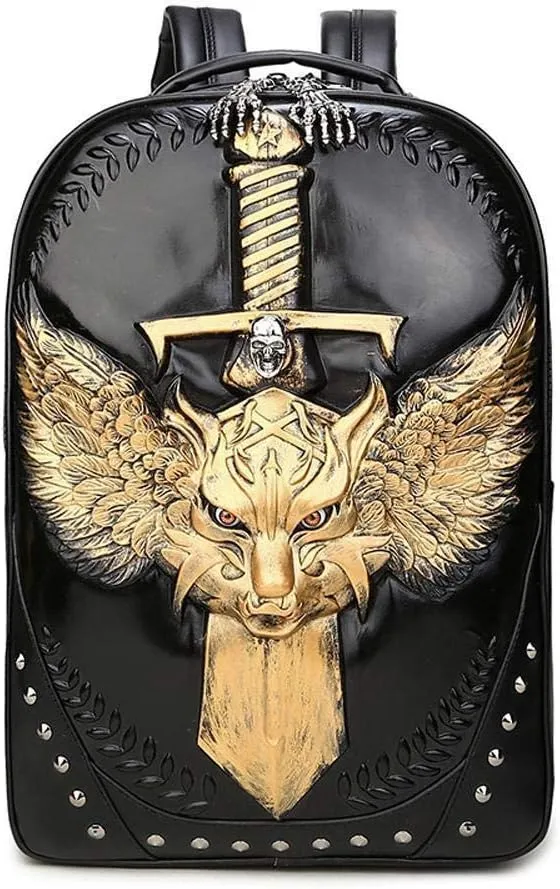 Fashion Punk Rivets Backpack 3D Wing Wolf - Warrior Cartoon School Handbags Knapsack For Teenager