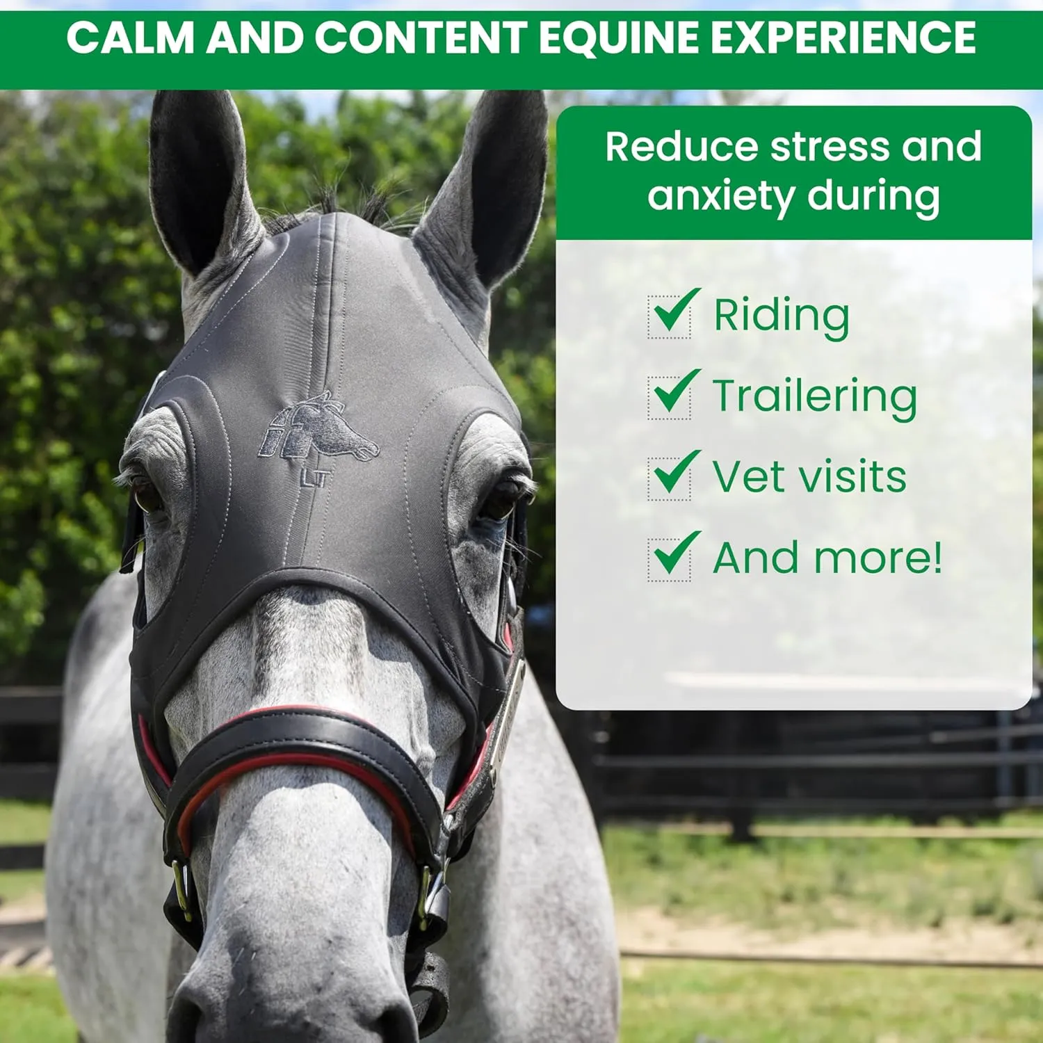 Fenwick Liquid Titanium Therapeutic Horse Mask with Ears, Calming Far Infrared Therapy Mask Made with Breathable 4-Way UV Blocking Stretch Fabric (Velcro Closure, Medium)