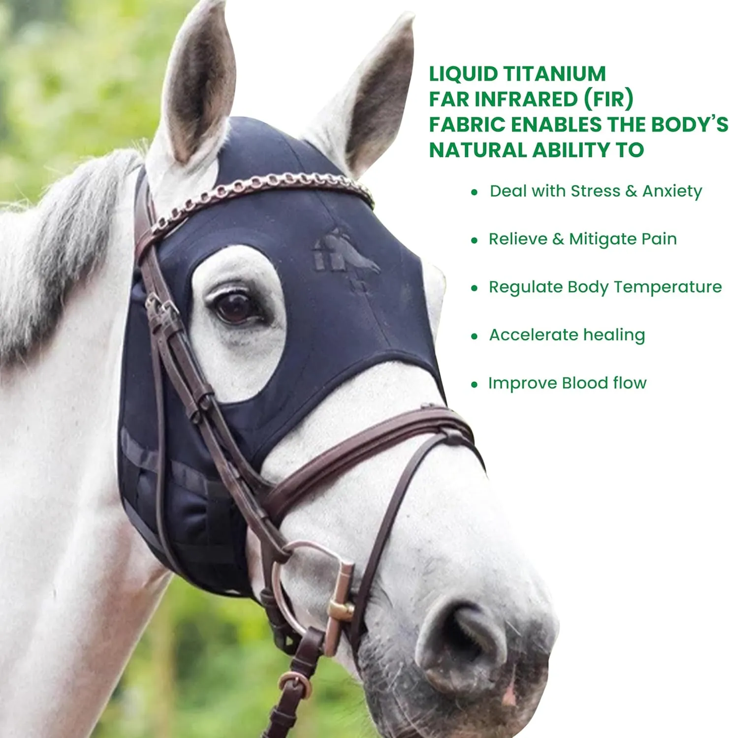 Fenwick Liquid Titanium Therapeutic Horse Mask with Ears, Calming Far Infrared Therapy Mask Made with Breathable 4-Way UV Blocking Stretch Fabric (Velcro Closure, Medium)