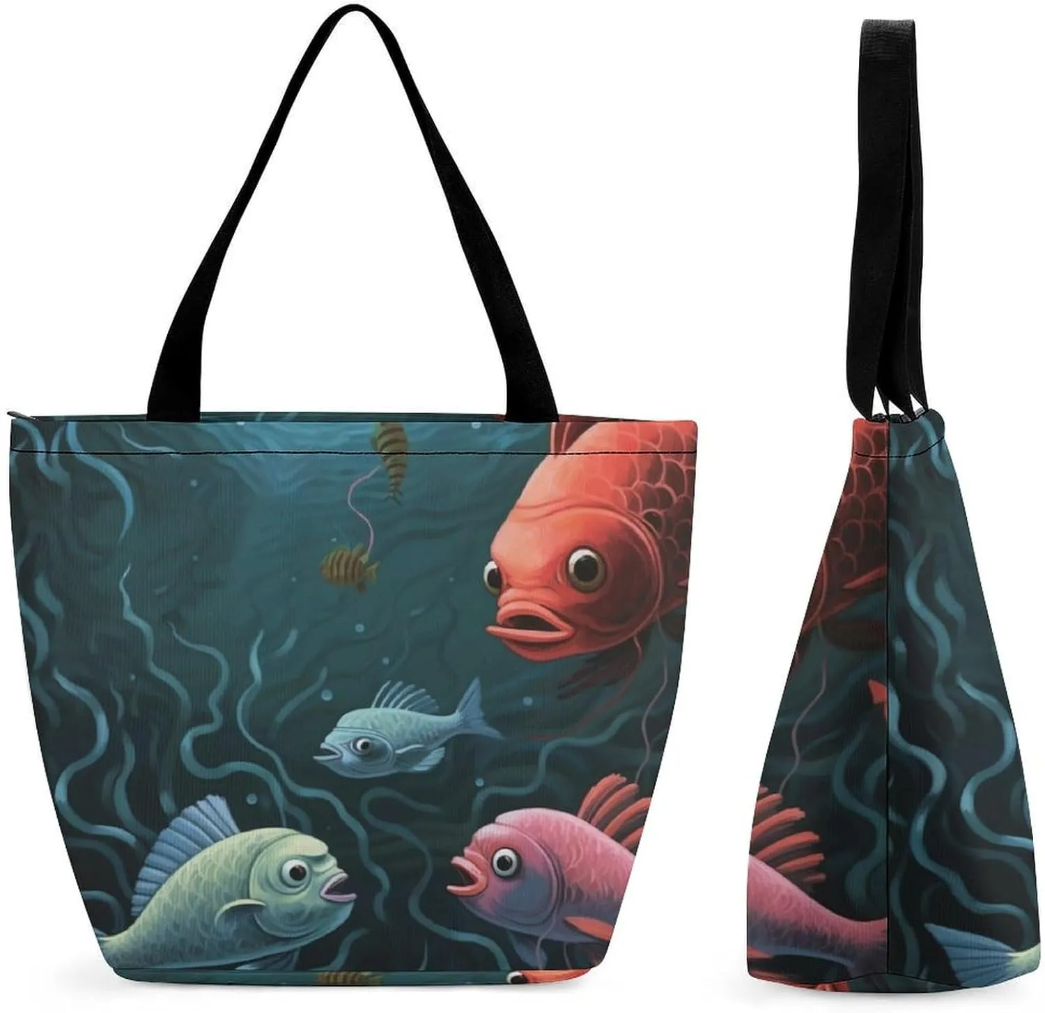 Fish Talk Art Tote Bag Shoulder Shopping Bag Reusable Grocery Bag for Travel Work Friendship Gift
