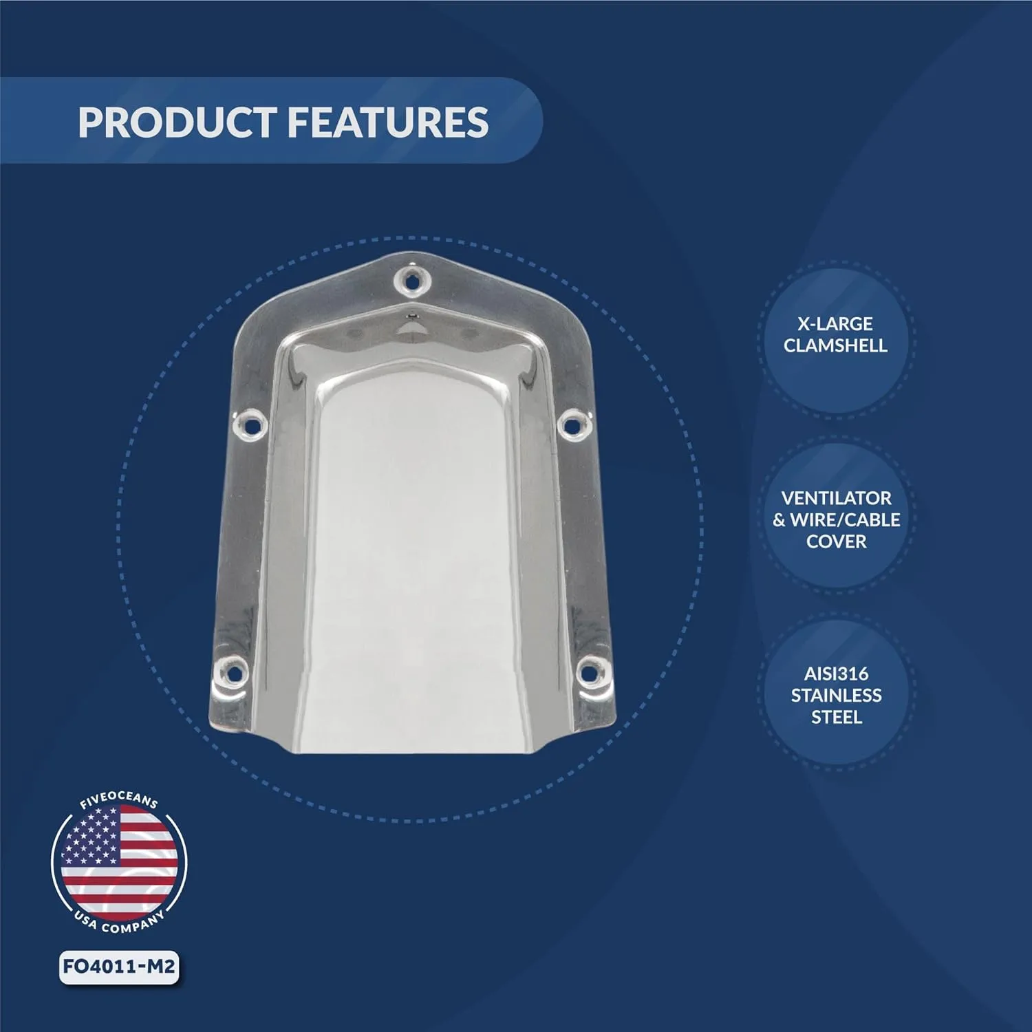 Five Oceans 316 Stainless Steel Marine Clamshell Vent Cover, Base 6-Inch L x 4-1/2-Inch W