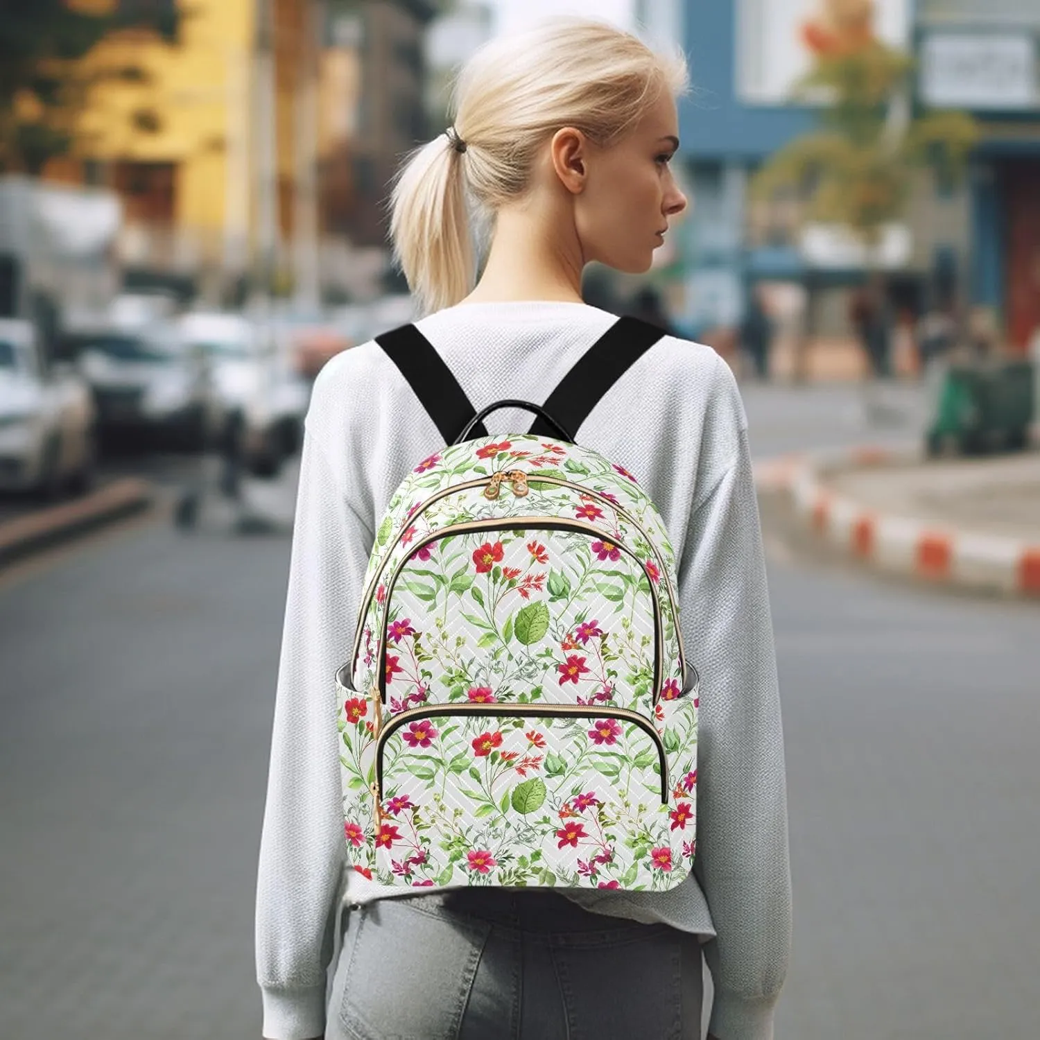 Flower Foliage White Backpack Purse for Women Fashion Backpack Handbags with Anti-theft Back for Women School M