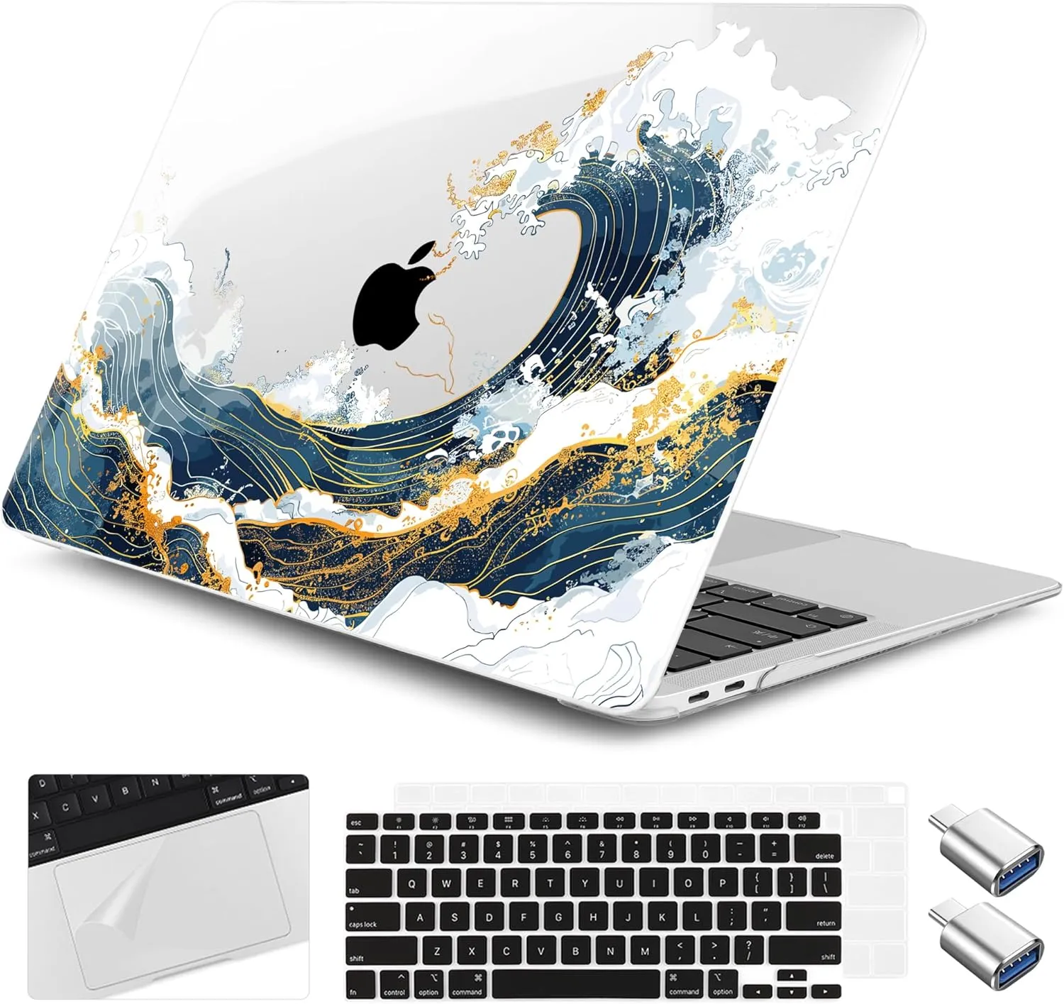 for M1 MacBook Air 13 inch Case 2021 2020 2019 2018 Model A2337/A2179/A1932, Laptop Hard Shell Case with Keyboard Cover & Trackpad Protector & 2 OTG Adapters, Wave Illustration