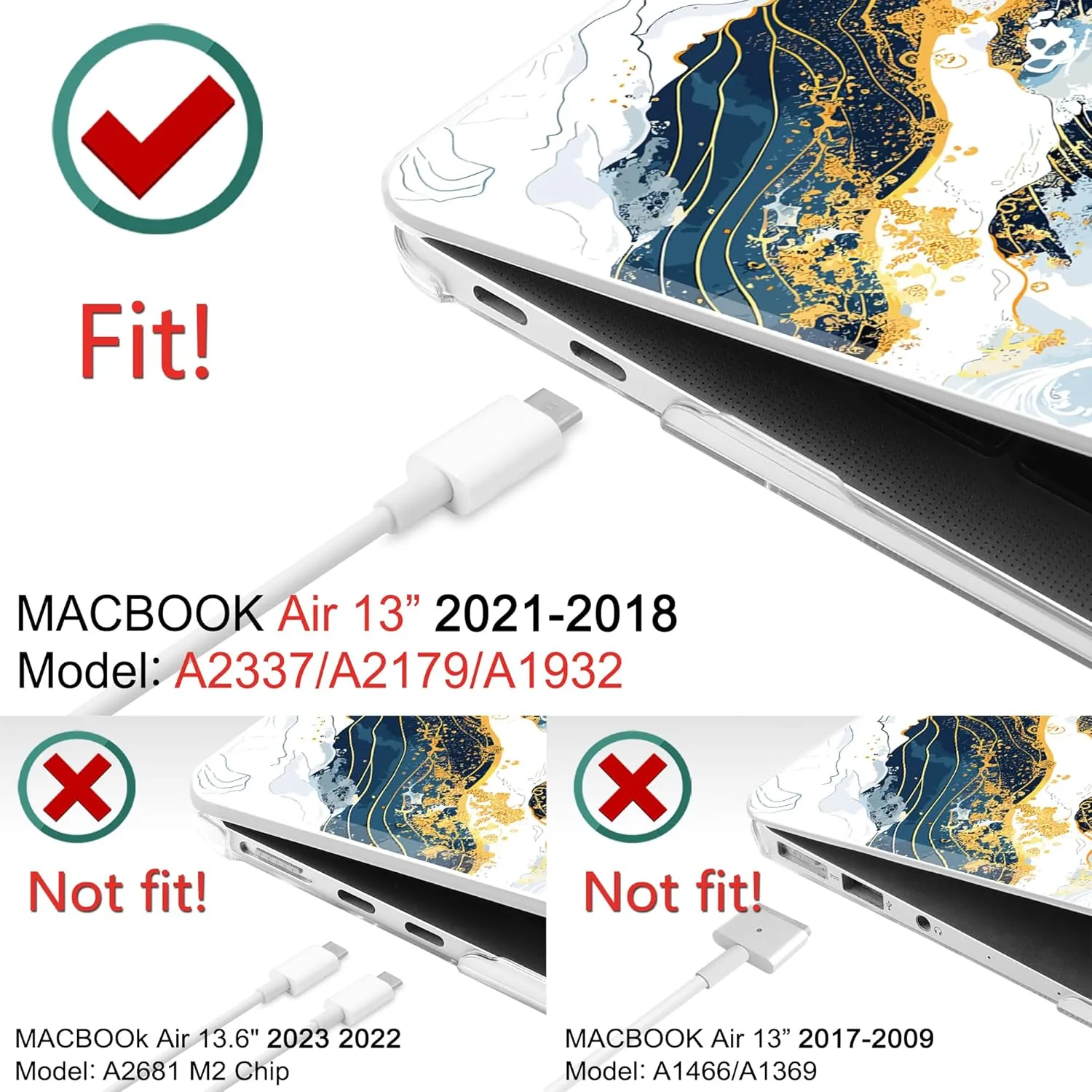 for M1 MacBook Air 13 inch Case 2021 2020 2019 2018 Model A2337/A2179/A1932, Laptop Hard Shell Case with Keyboard Cover & Trackpad Protector & 2 OTG Adapters, Wave Illustration