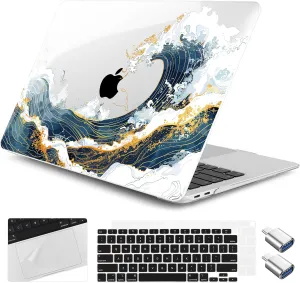 for M1 MacBook Air 13 inch Case 2021 2020 2019 2018 Model A2337/A2179/A1932, Laptop Hard Shell Case with Keyboard Cover & Trackpad Protector & 2 OTG Adapters, Wave Illustration