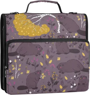 Forest Cute Beavers Zipper Binder, 1.5 inch 3 Ring Binder Organizer Bag with Shoulder Strap and Handle, 500 Sheet Capacity