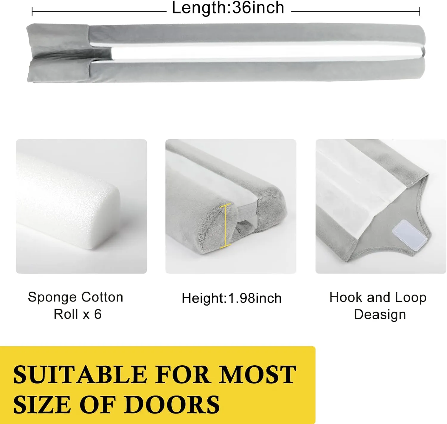fowong Door Draft Stopper 36" Adjustable Under Door Draft Stopper Soundproofing 30 Inch to 36 Inch Triangle Noise Blocker Seal Large Gap up to 1.7", Easy to Install Grey