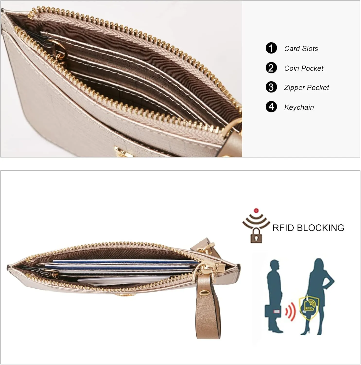FOXLOVER Women's Small Leather Credit Card Holder RFID Blocking Compact Zipper Pocket Wallet Thin Card Case Purse with id Window (Gold)