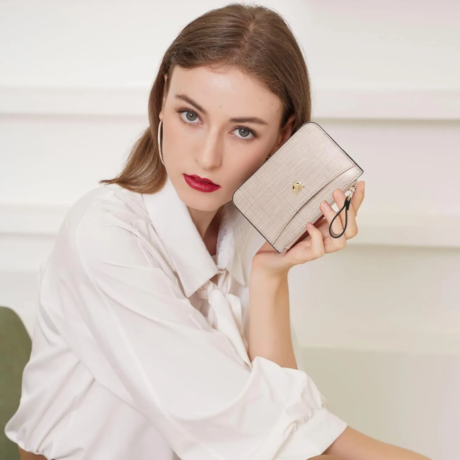 FOXLOVER Women's Small Leather Credit Card Holder RFID Blocking Compact Zipper Pocket Wallet Thin Card Case Purse with id Window (Gold)
