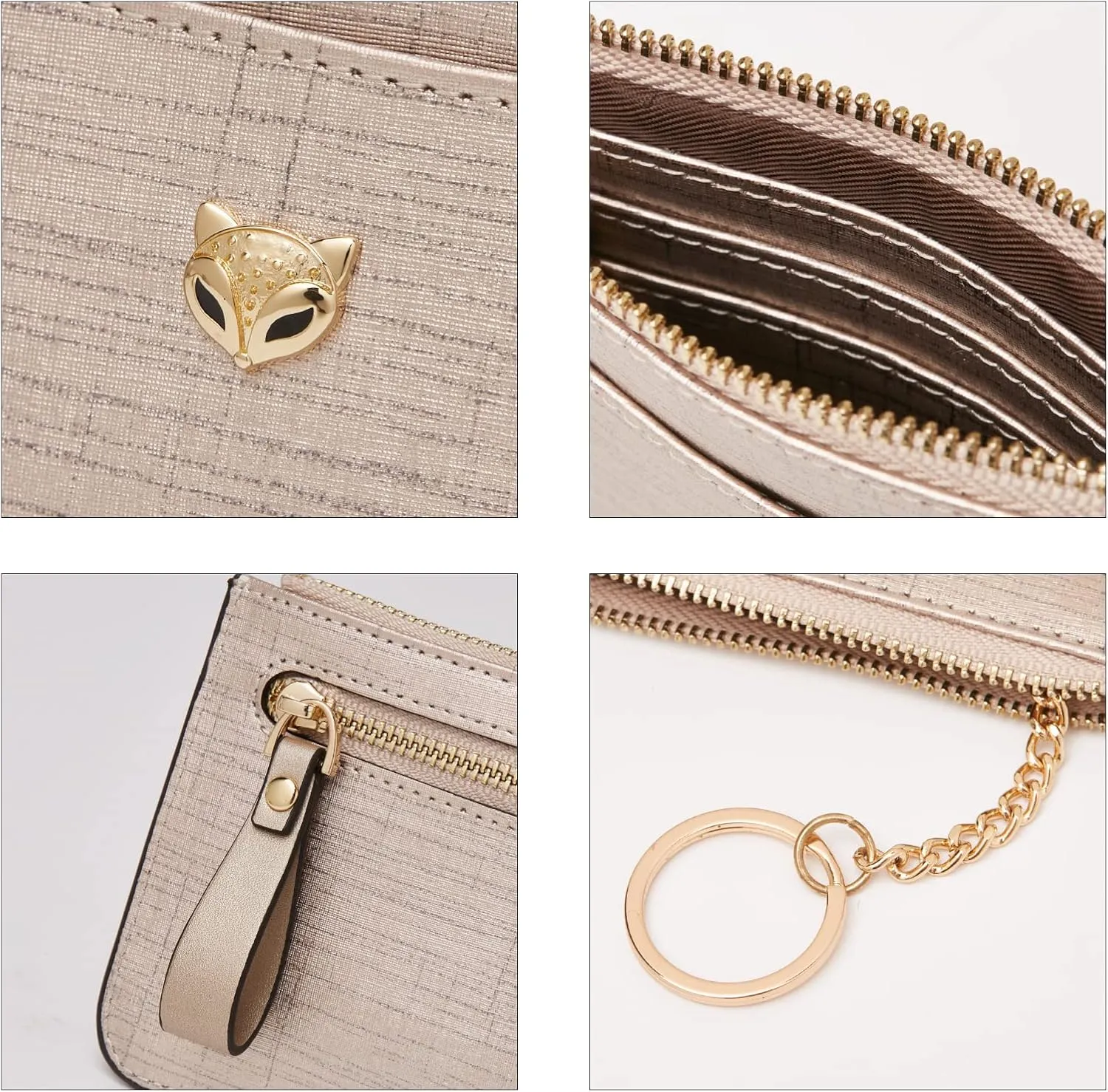 FOXLOVER Women's Small Leather Credit Card Holder RFID Blocking Compact Zipper Pocket Wallet Thin Card Case Purse with id Window (Gold)