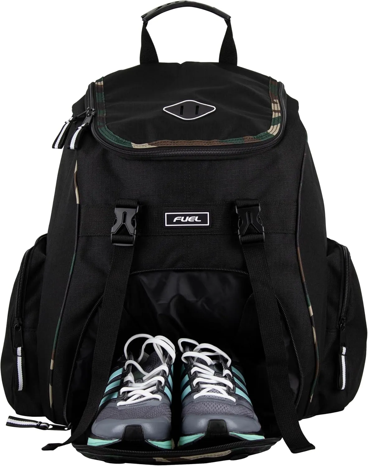 FUEL Oversized Wide Mouth Backpack with Multiple Compartments, Large Storage for Hiking, Work, Classroom, and Traveling - Camo Trim