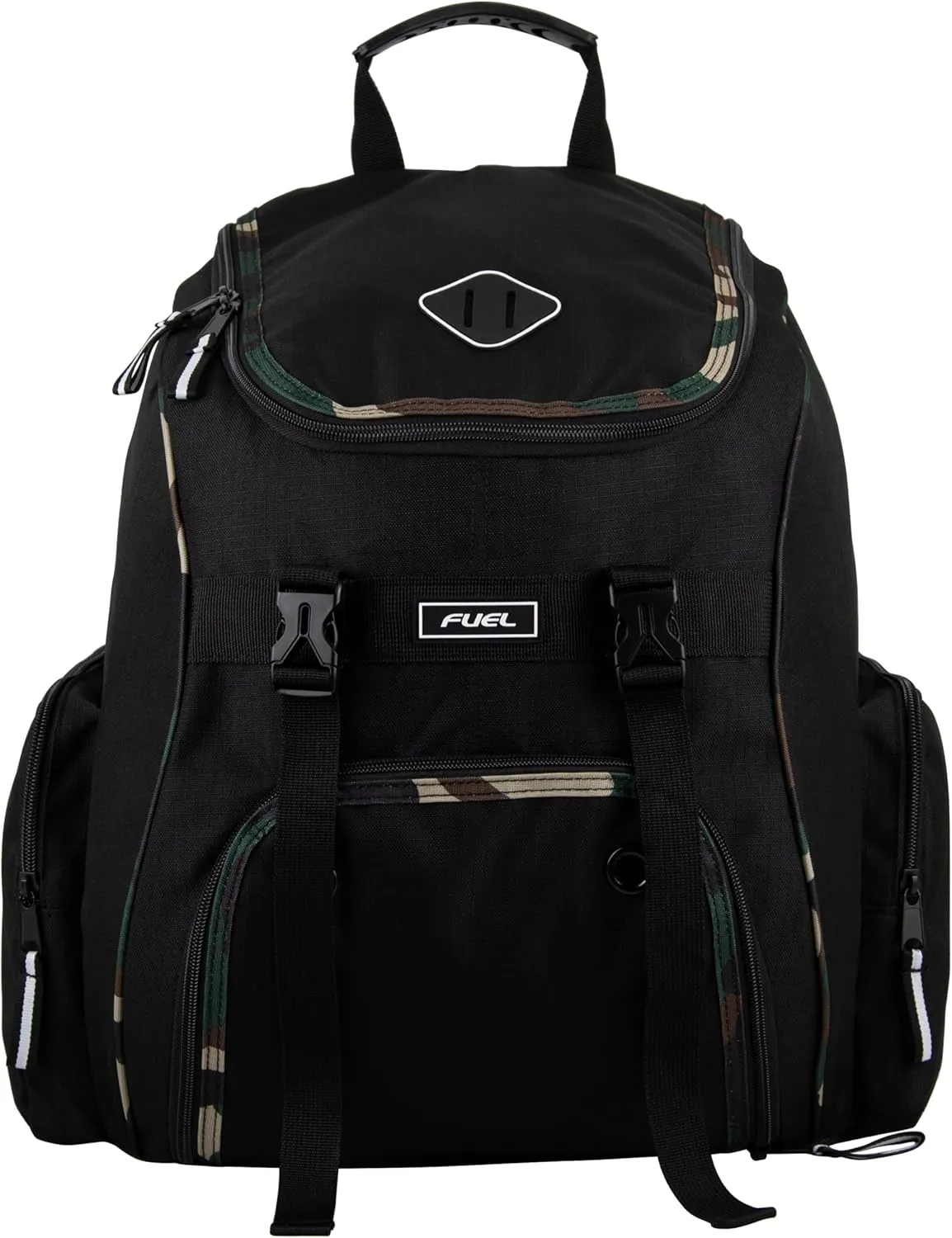 FUEL Oversized Wide Mouth Backpack with Multiple Compartments, Large Storage for Hiking, Work, Classroom, and Traveling - Camo Trim
