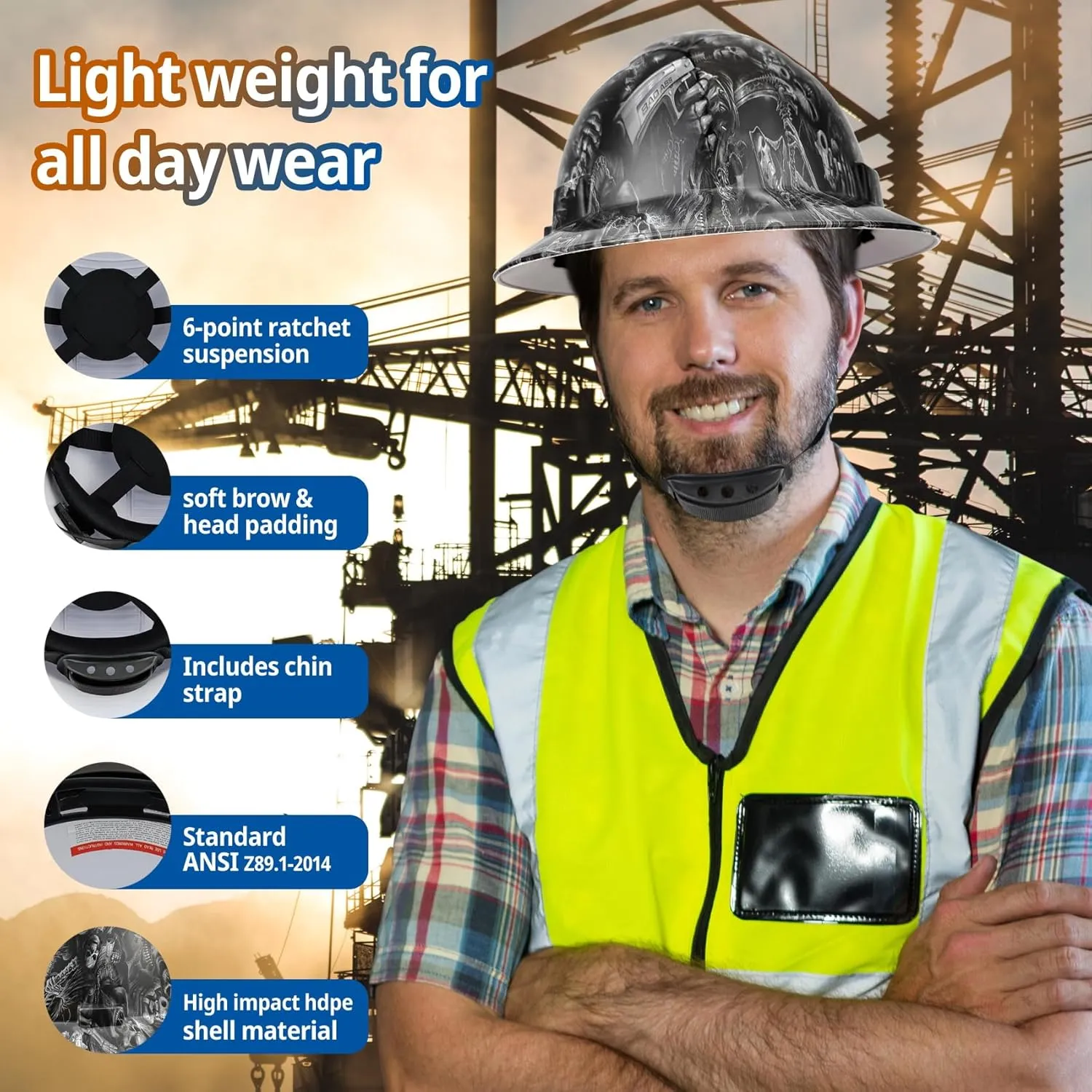 Full Brim Hard Hat - OSHA Safety Helmet Durable Lightweight Carbon Fiber Hard Hat, 6-Point Ratchet Suspension Protective Gear for Men and Women