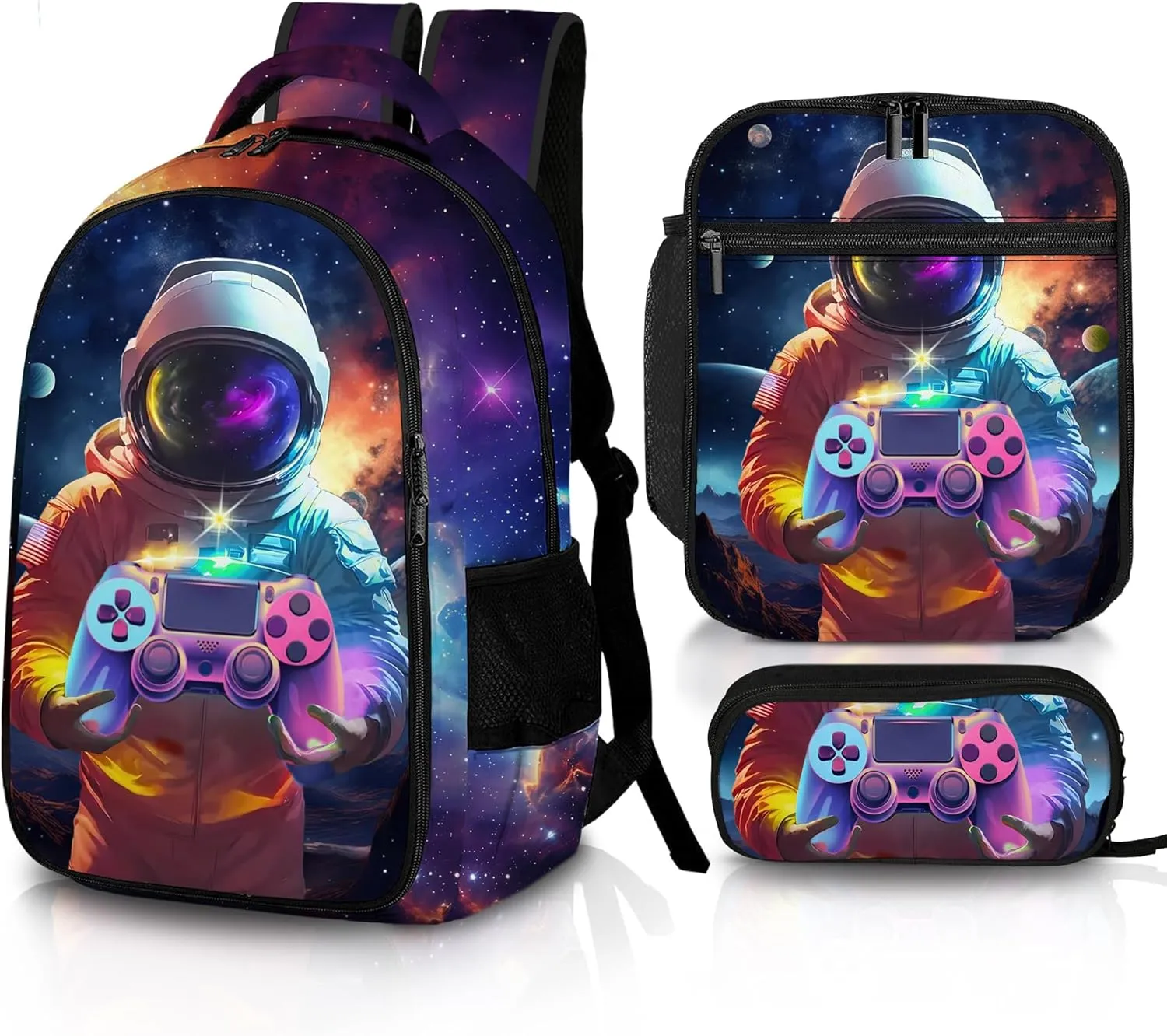 Game Backpack Set for Boys, Gaming Backpack 3 Pack, Boy Backpack Lunch Box, and Pencil Bag for Kids Teens Elementary Middle School， Large Capacity Game School Bag 17" Travel Back Pack