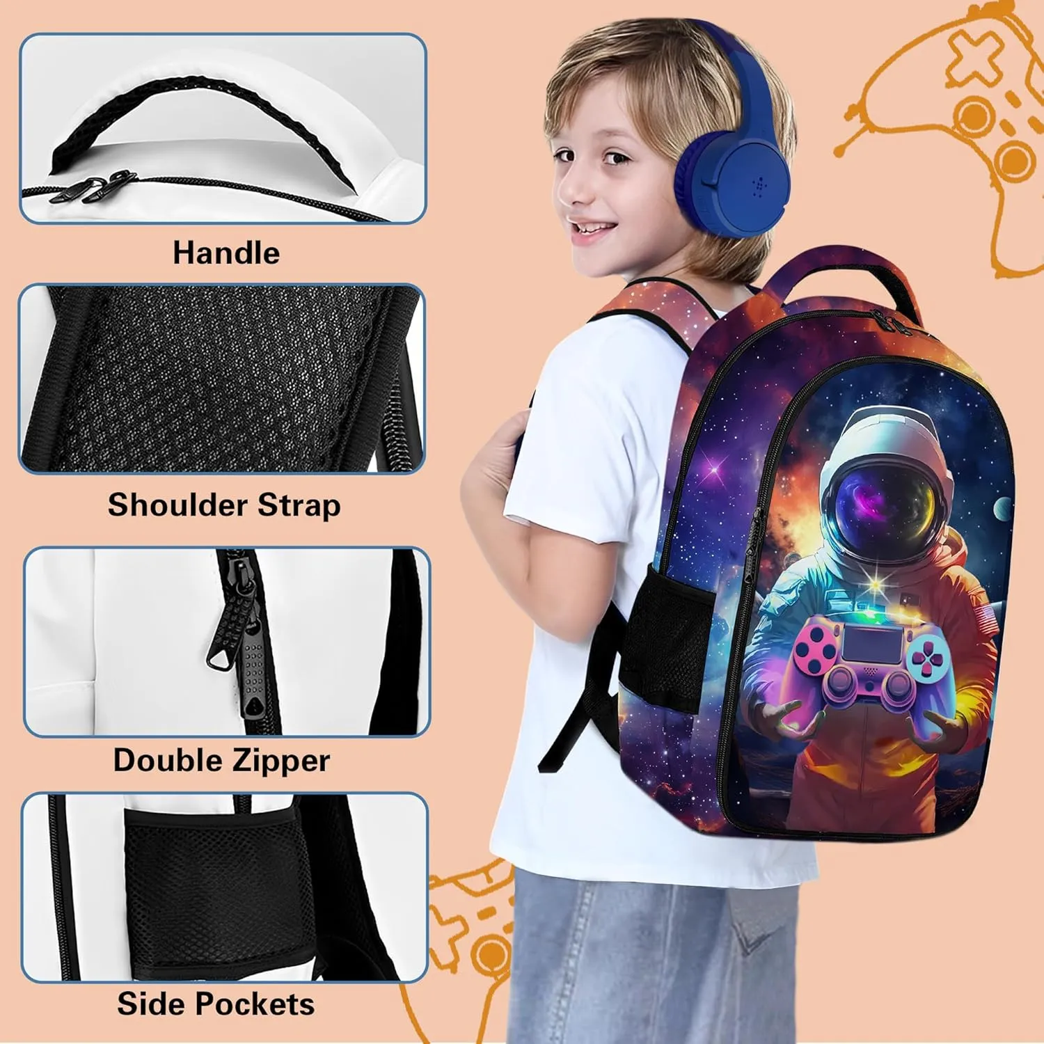 Game Backpack Set for Boys, Gaming Backpack 3 Pack, Boy Backpack Lunch Box, and Pencil Bag for Kids Teens Elementary Middle School， Large Capacity Game School Bag 17" Travel Back Pack