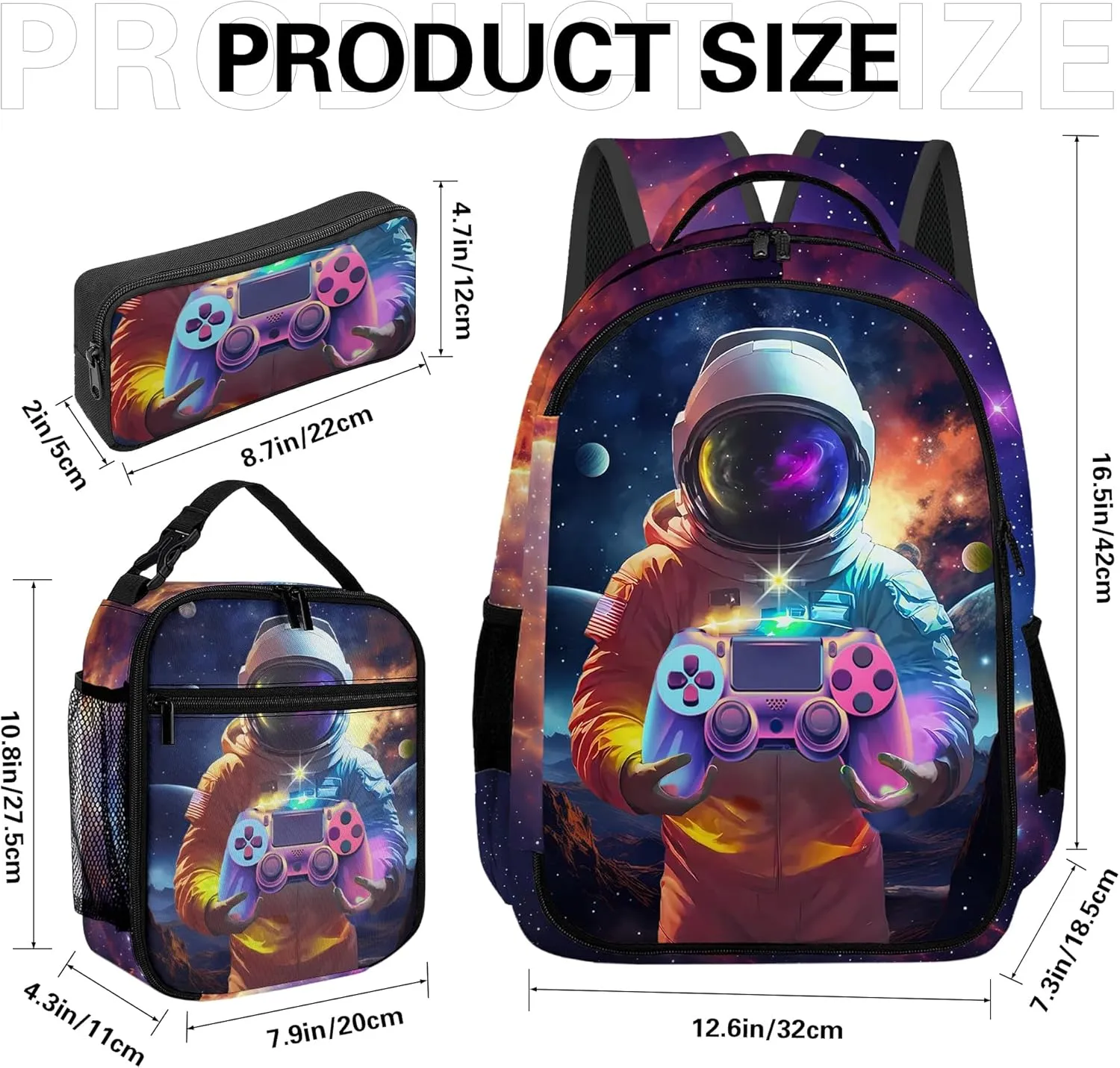 Game Backpack Set for Boys, Gaming Backpack 3 Pack, Boy Backpack Lunch Box, and Pencil Bag for Kids Teens Elementary Middle School， Large Capacity Game School Bag 17" Travel Back Pack