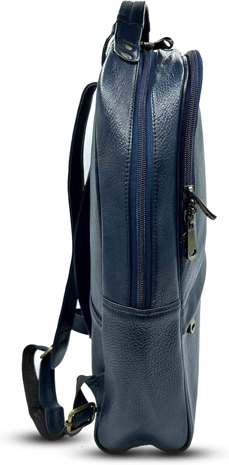 Genuine Leather Backpack Multifunctional Daypack Work Shopping Travel Leisure Everyday Bag (Dark Blue)