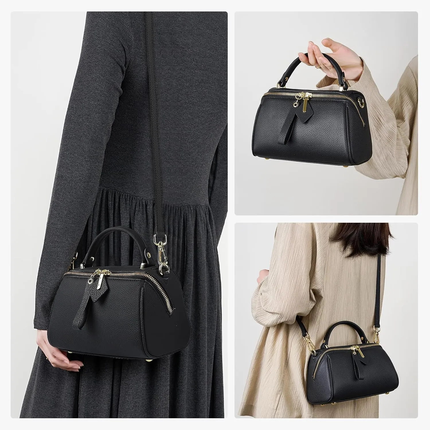 Genuine Leather Boston Bags for Women, Crossbody Bags Vintage Top Handle Satchels for Ladies with a adjustable Strap