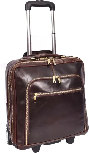 Genuine Leather Pilot Case with Wheels Telescopic Handle for Business Travel Bag Sussex, Brown, M, Pilot Case