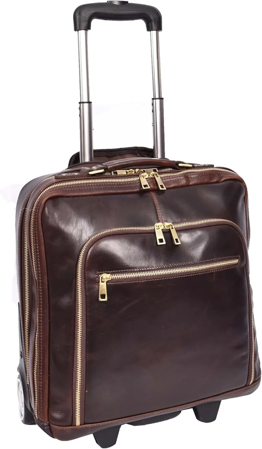 Genuine Leather Pilot Case with Wheels Telescopic Handle for Business Travel Bag Sussex, Brown, M, Pilot Case