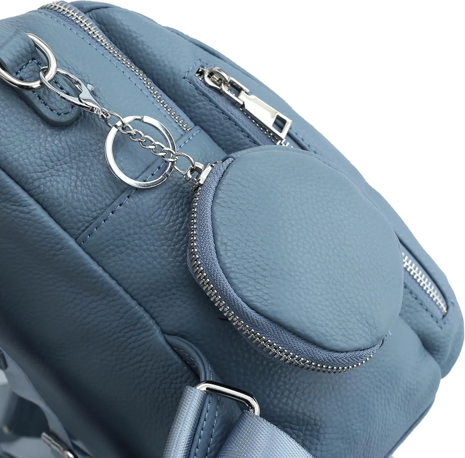Genuine Leather Women's Small Zipper Backpack with Round Leather Coin Purse(Black)