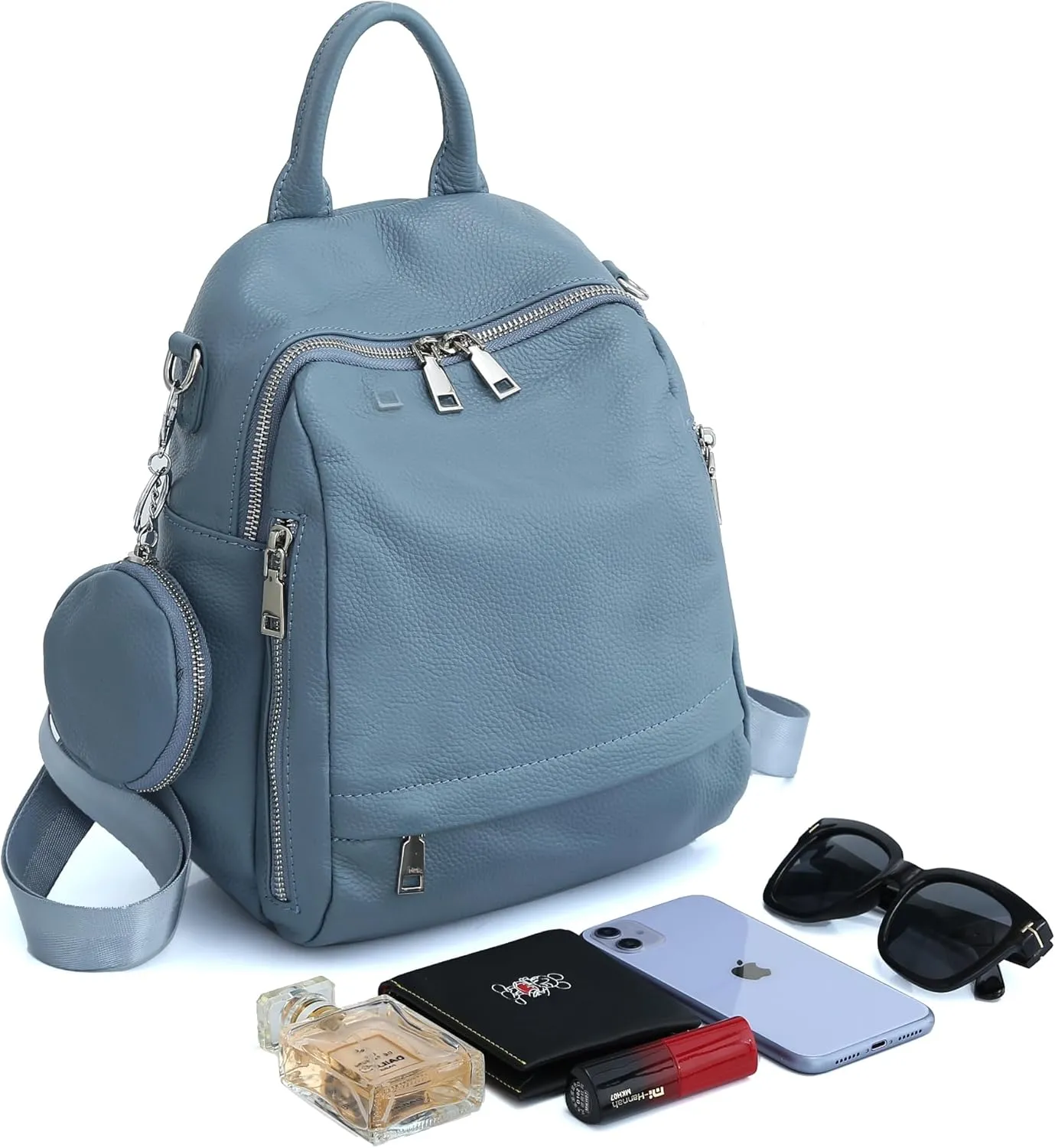 Genuine Leather Women's Small Zipper Backpack with Round Leather Coin Purse(Black)
