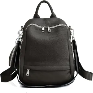 Genuine Leather Women's Small Zipper Backpack with Round Leather Coin Purse(Black)