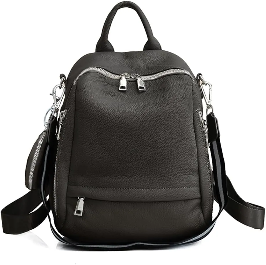 Genuine Leather Women's Small Zipper Backpack with Round Leather Coin Purse(Black)