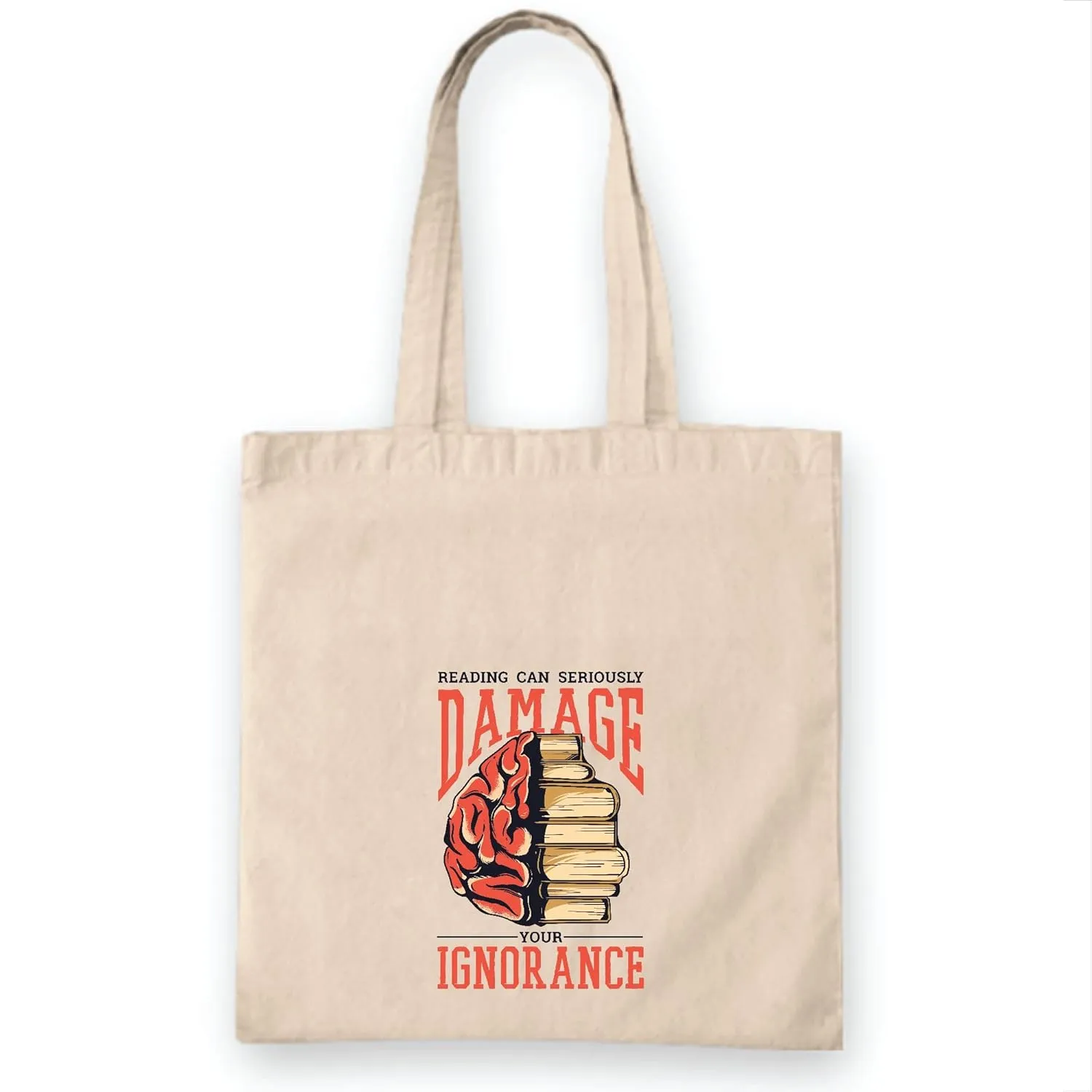 Gift for Book Lovers Reading Can Seriously Damage Your Ignorance Quote on Half a Brain and a Pile of Books Natural White Multicolor Canvas Tote Bag