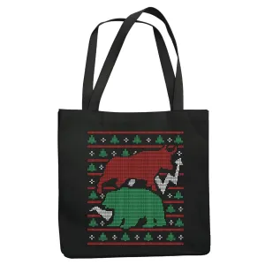 Gift for Stock Market Investors Ugly Sweater with Animals and Graphs for Traders and Investors Navy Black Multicolor Canvas Tote Bag