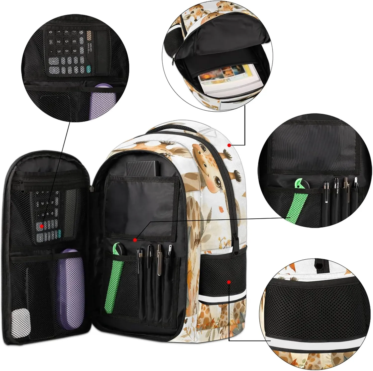 Giraffe Travel Backpack Flower Leaves Waterproof Laptop Shoulder Bag with Adjustable Strap Casual Hiking Gym Travel Daypack
