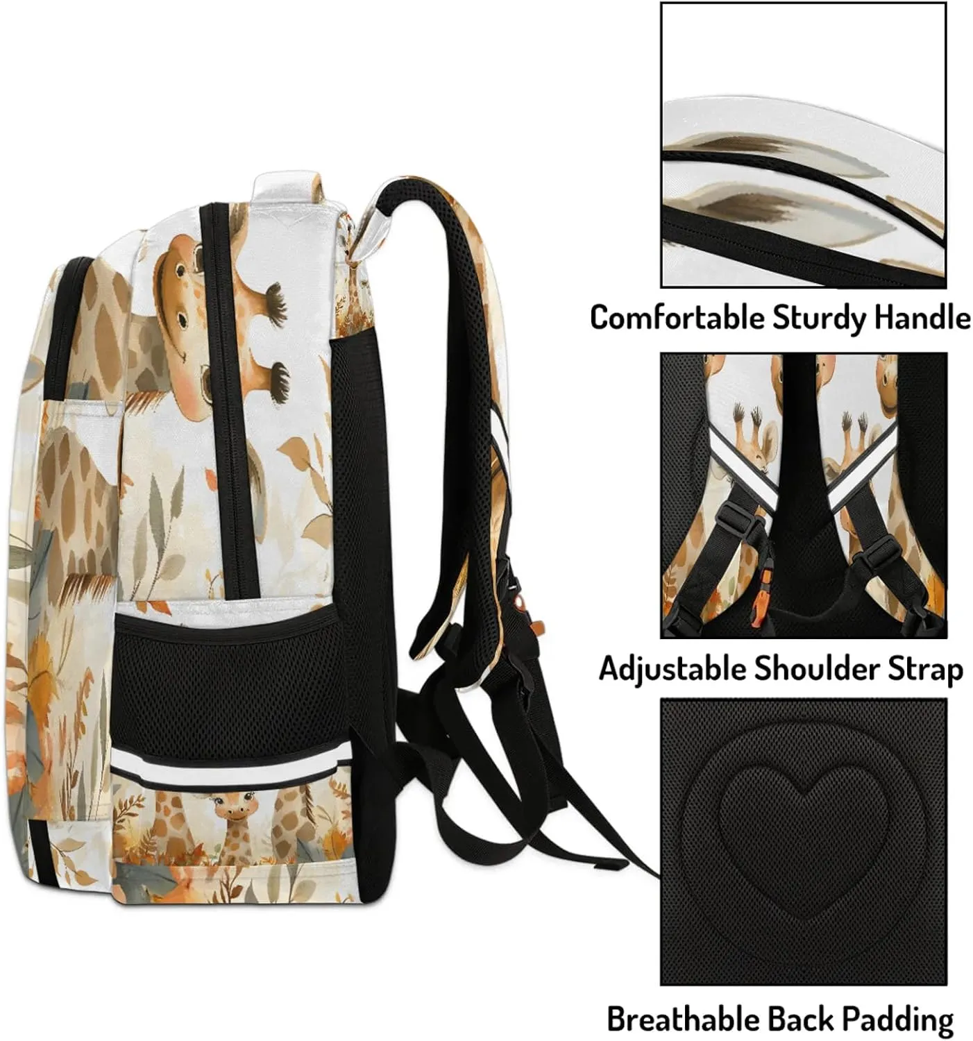 Giraffe Travel Backpack Flower Leaves Waterproof Laptop Shoulder Bag with Adjustable Strap Casual Hiking Gym Travel Daypack