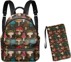 GLENLCWE Cute Mushrooms Backpack Purse Wallet for Women Ladies Multipurpose PU Leather Backpack Shoulder Bag Handbag Coin Credit Card Holder