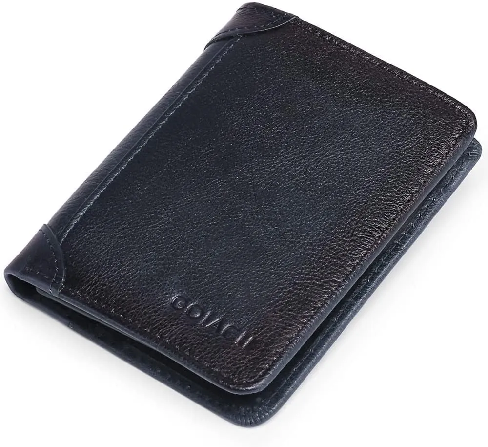 GOIACII Stylish Men's Genuine Leather Wallet Purse Pouch Spacious RFID Blocking Bifold Soft 2 ID Windows 9 Credit Debit Card Holder with Gift Box (Dark Blue)