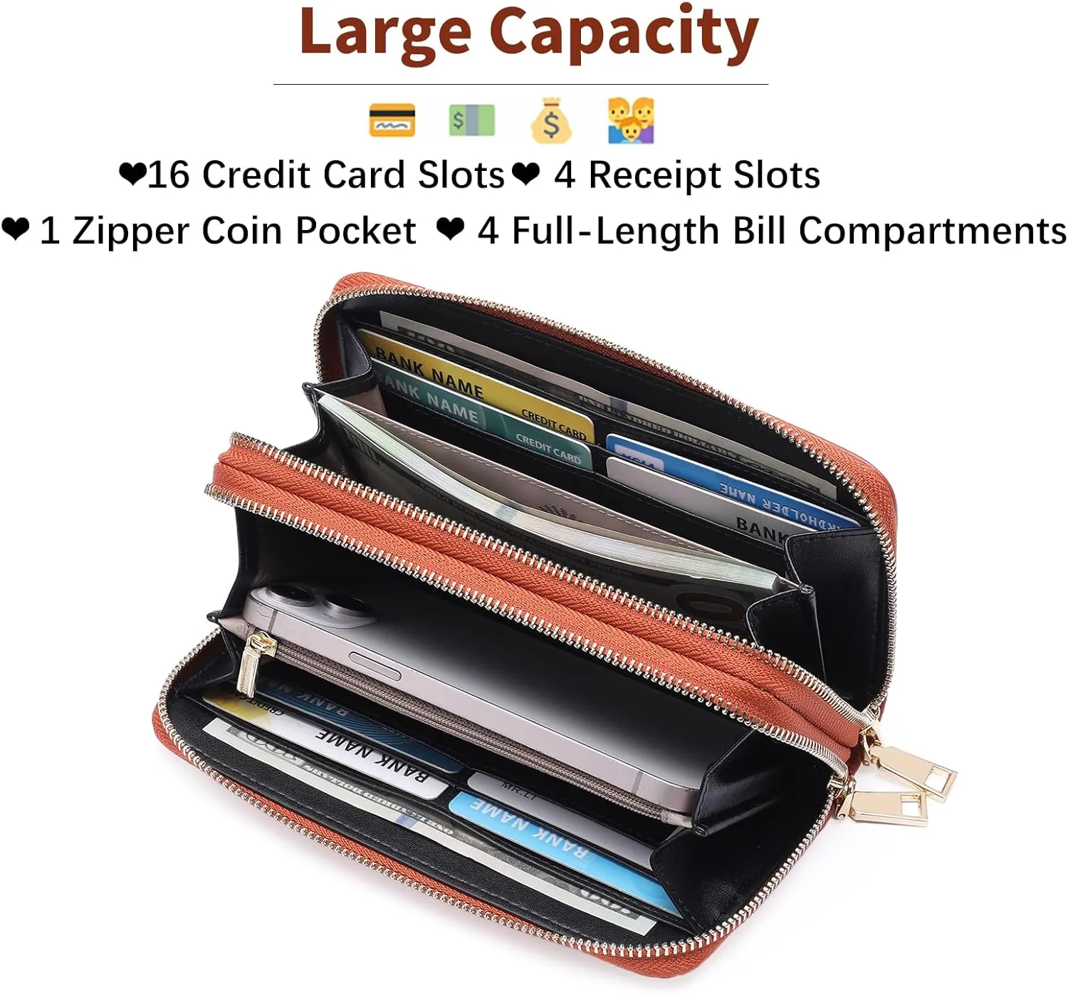 GOIACII Women's Wallet Large Capacity Double Zip Ladies Card Phone Holder RFID Blocking Wristlet Leather