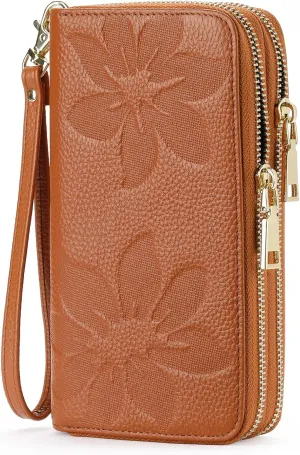GOIACII Women's Wallet Large Capacity Double Zip Ladies Card Phone Holder RFID Blocking Wristlet Leather