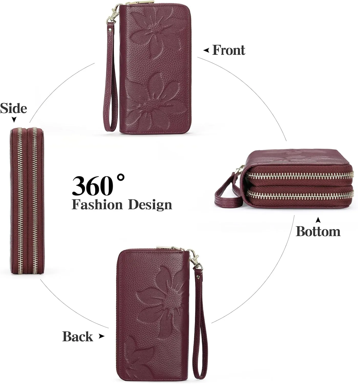 GOIACII Women's Wallet Large Capacity Double Zip Ladies Card Phone Holder RFID Blocking Wristlet Leather