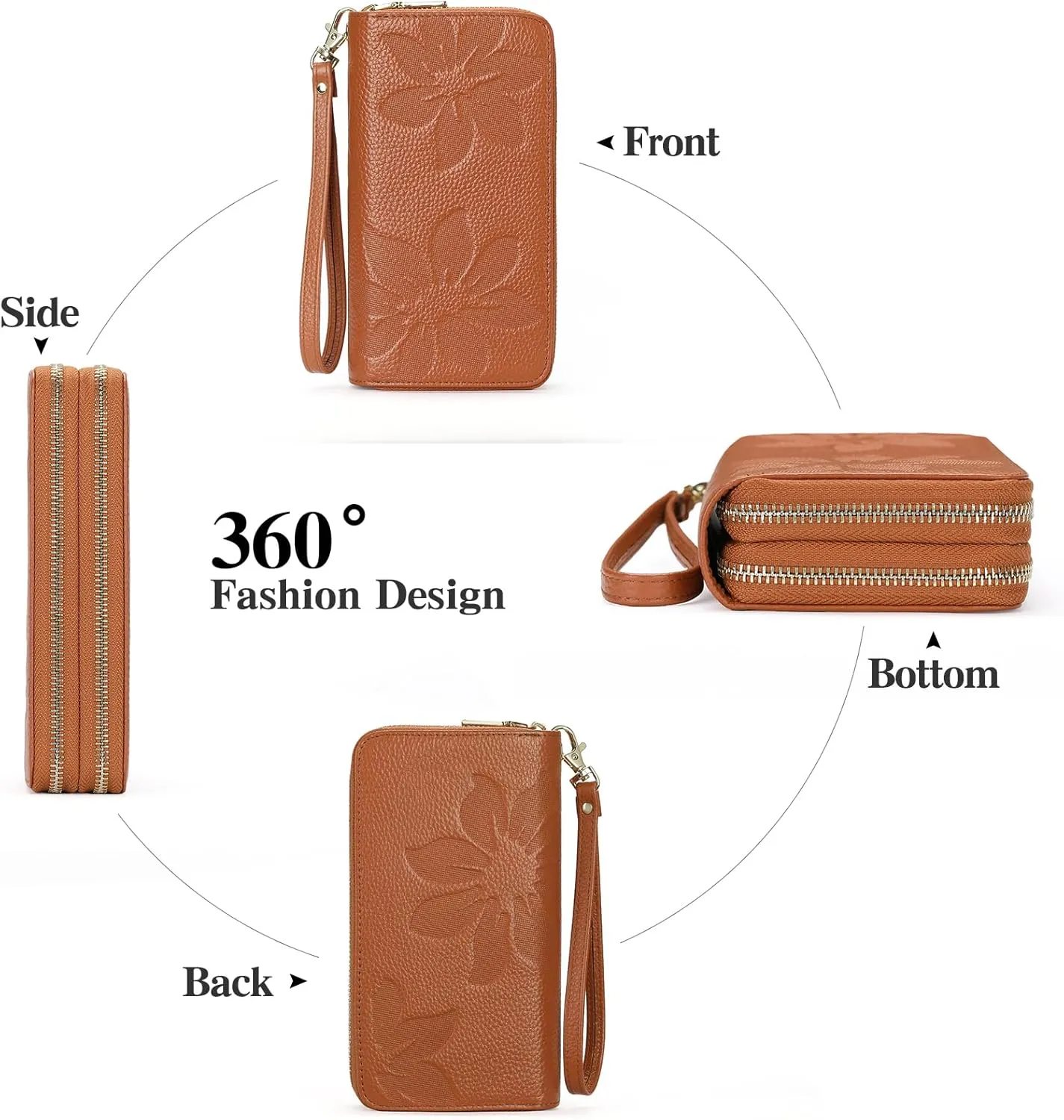 GOIACII Women's Wallet Large Capacity Double Zip Ladies Card Phone Holder RFID Blocking Wristlet Leather