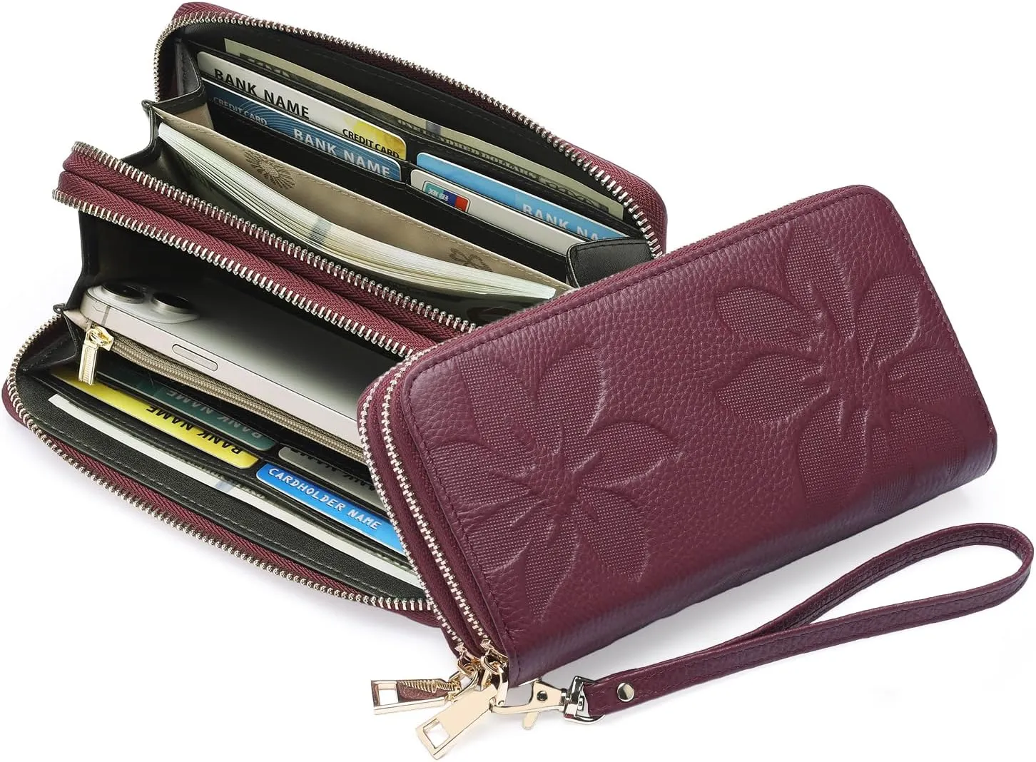 GOIACII Women's Wallet Large Capacity Double Zip Ladies Card Phone Holder RFID Blocking Wristlet Leather