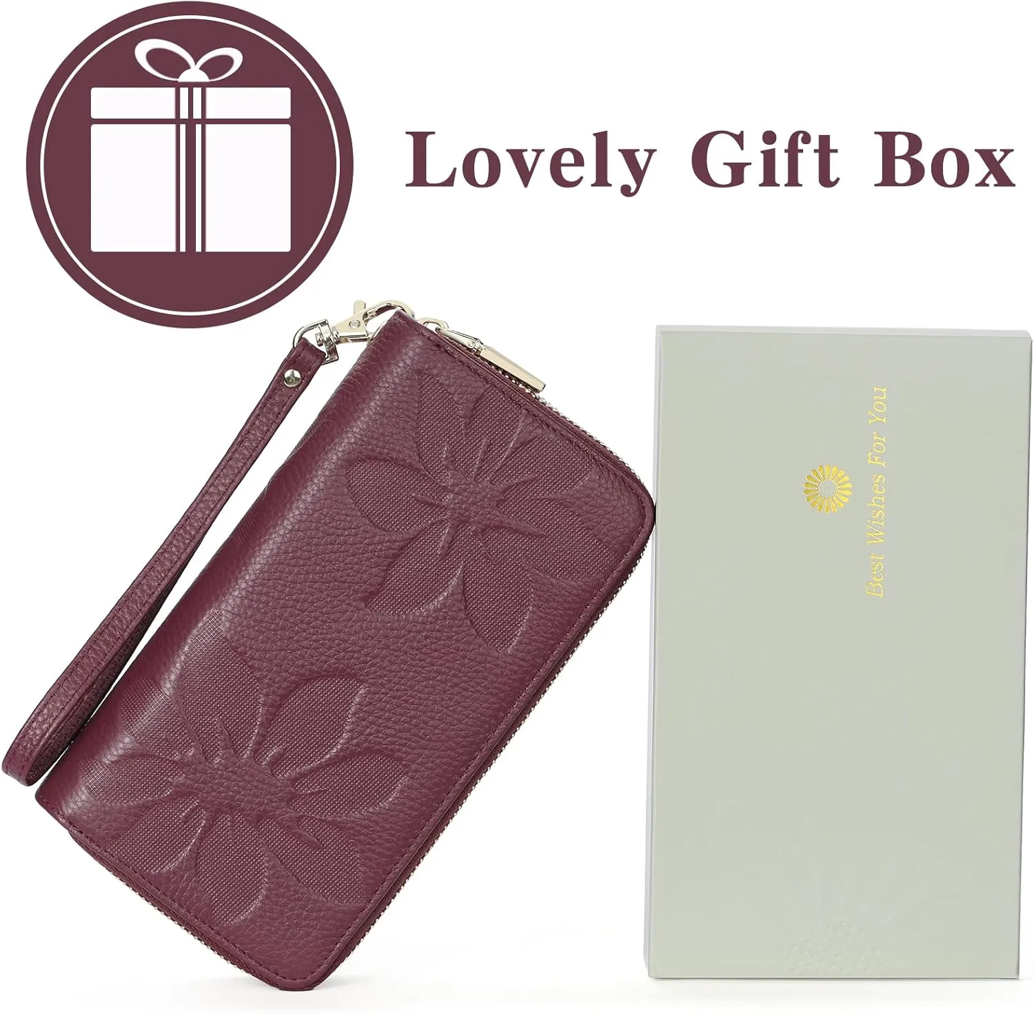 GOIACII Women's Wallet Large Capacity Double Zip Ladies Card Phone Holder RFID Blocking Wristlet Leather