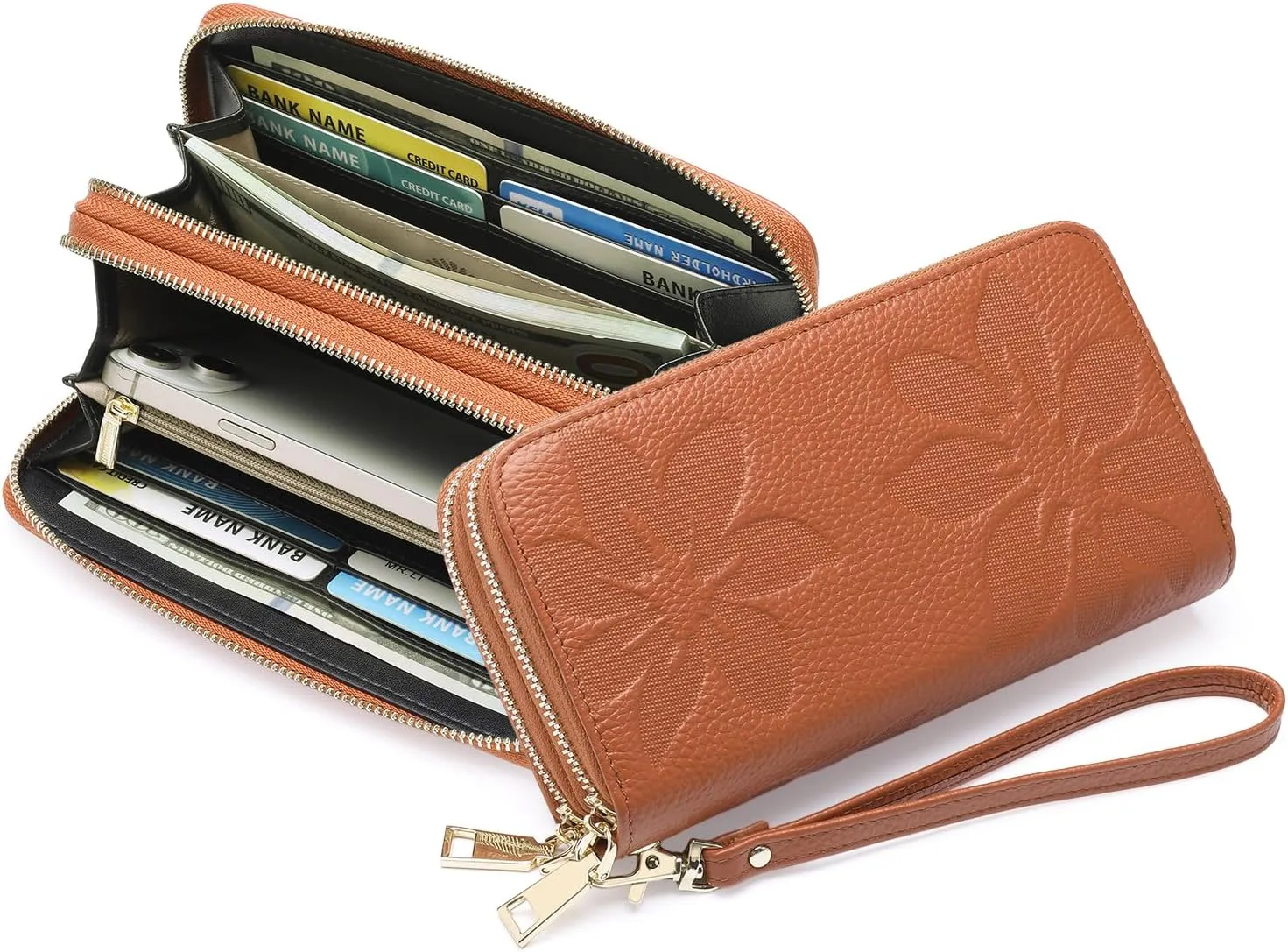 GOIACII Women's Wallet Large Capacity Double Zip Ladies Card Phone Holder RFID Blocking Wristlet Leather