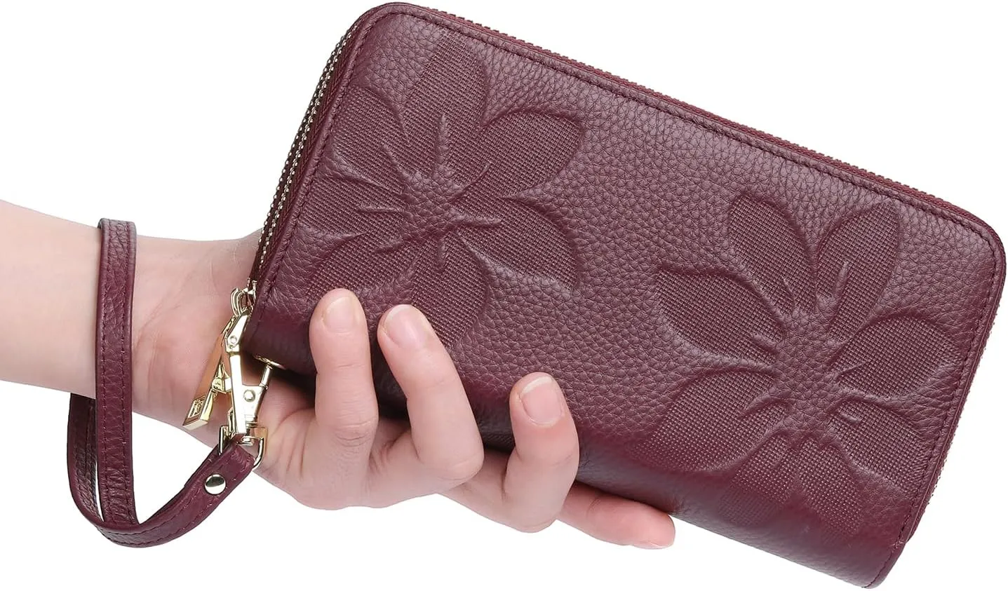 GOIACII Women's Wallet Large Capacity Double Zip Ladies Card Phone Holder RFID Blocking Wristlet Leather