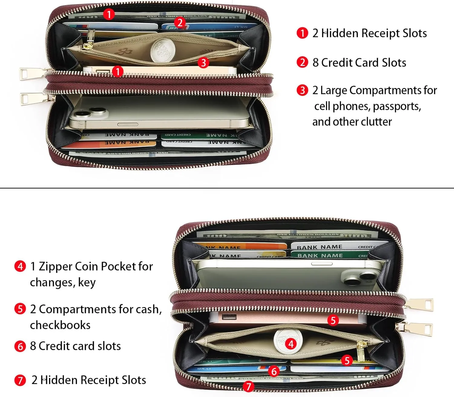 GOIACII Women's Wallet Large Capacity Double Zip Ladies Card Phone Holder RFID Blocking Wristlet Leather