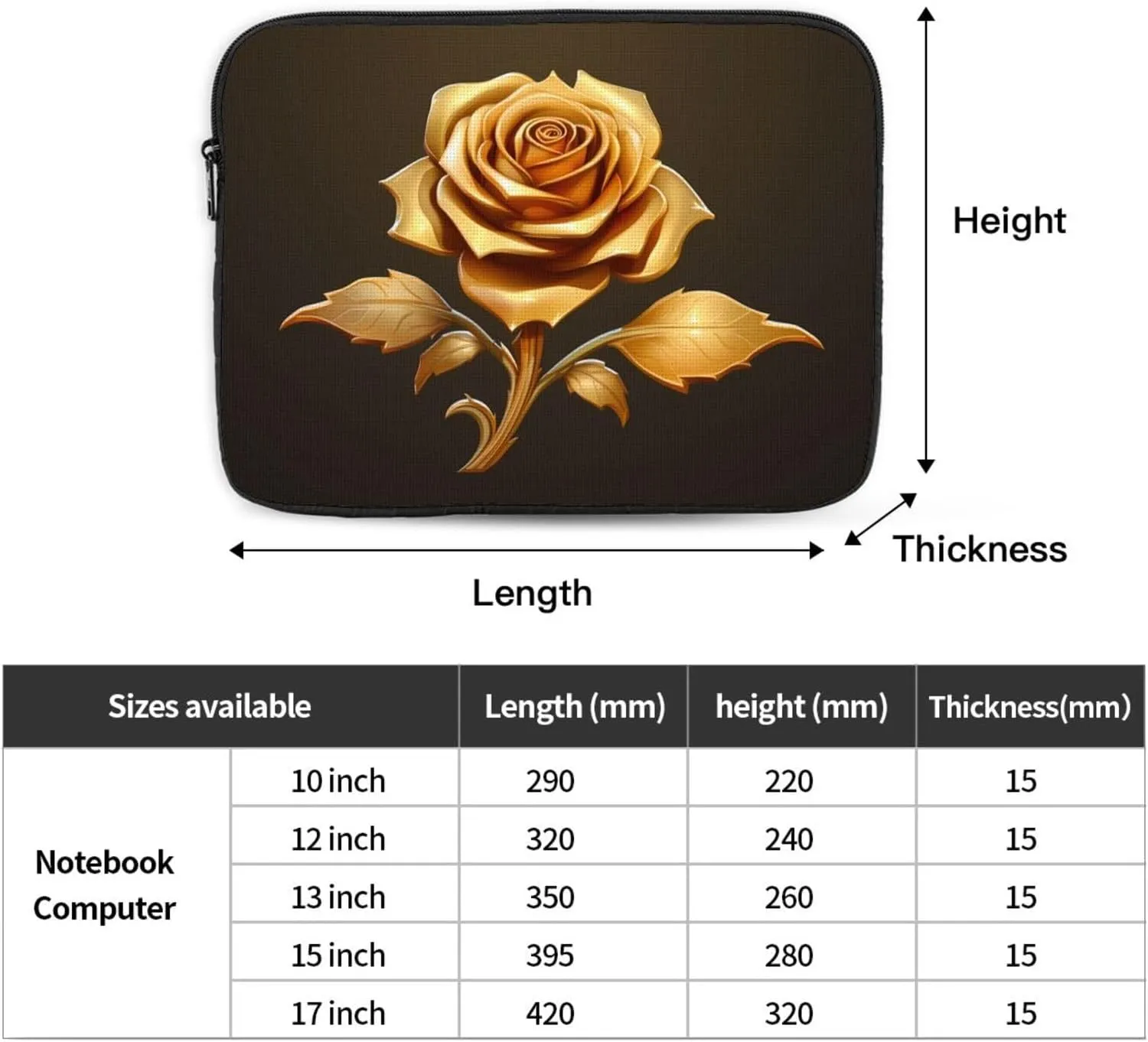 Gold Rose Pattern Shockproof Portable Laptop 13 inch Sleeve Bag for Men and Women - Ideal for Business Travel, School, and Daily Use