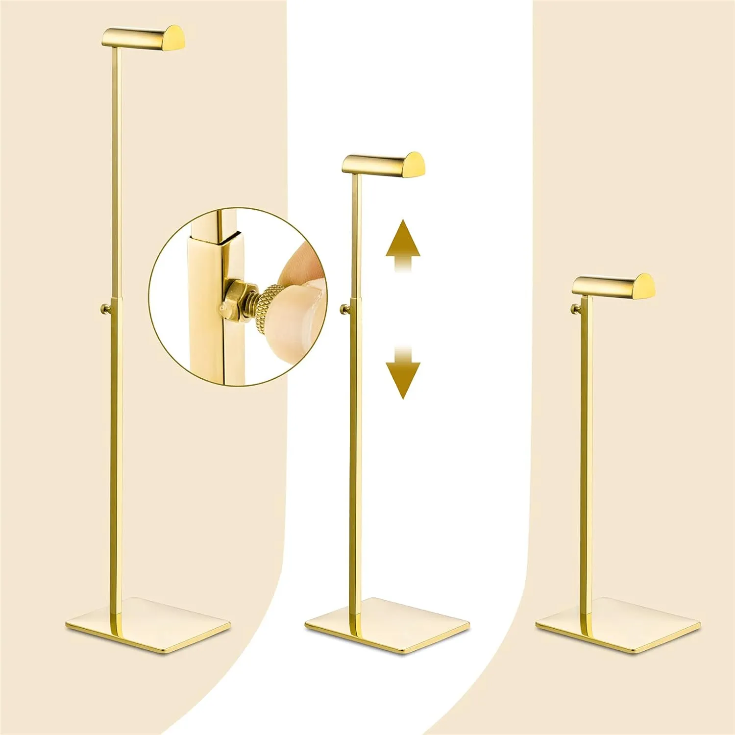 Gold Set of 2 Adjustable Height Purse Display Stand - Metal Handbag Display Stand Set - Single Hanging Hook for Boutique Store